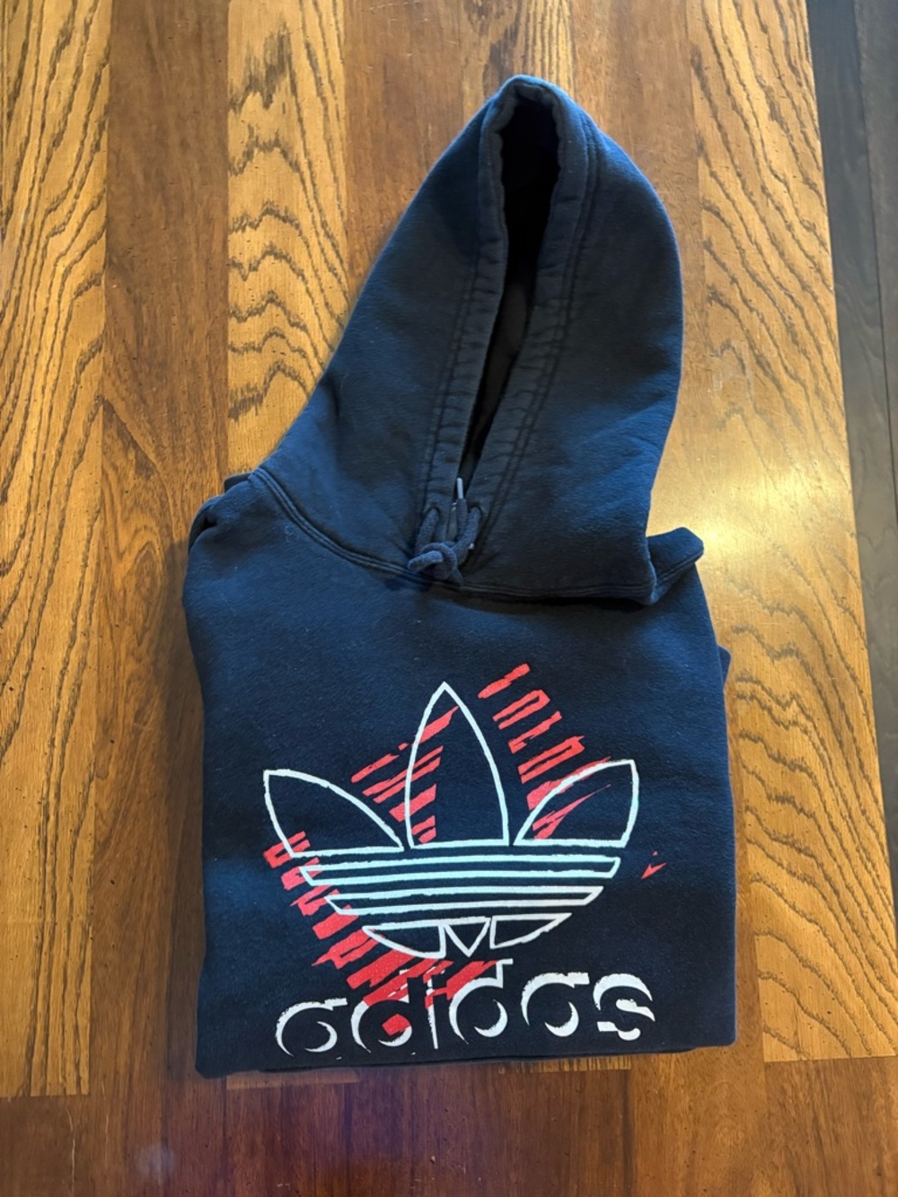 adidas Navy Hoodie with White Trefoil and Red Accent Strokes